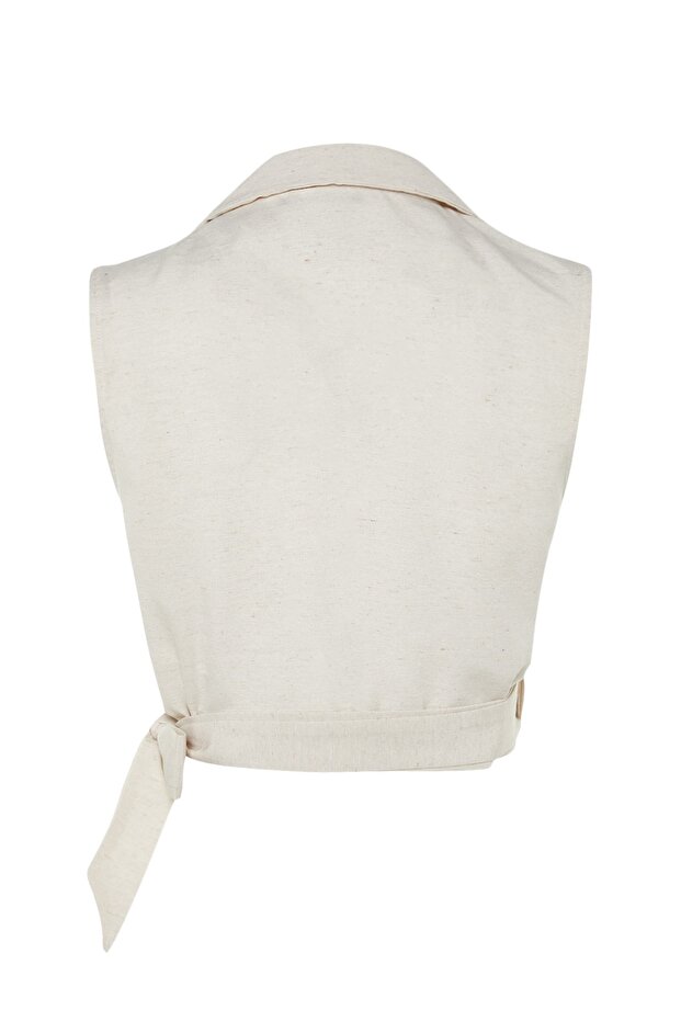 Bej Bağlamalı Crop Dokuma Keten Görünümlü Bluz TWOSS23BZ00550 - 13