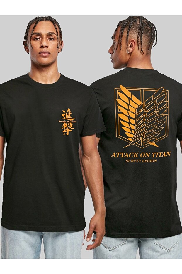 تي شيرت أسود مطبوع للجنسين من Attack On Titan Survey Legion من الأمام والخلف