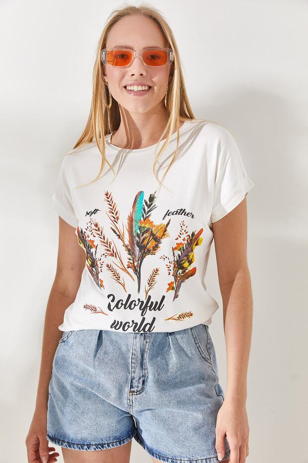 Kadın Ekru Tüylü Baskılı T-shirt TSH-19000125 - 2