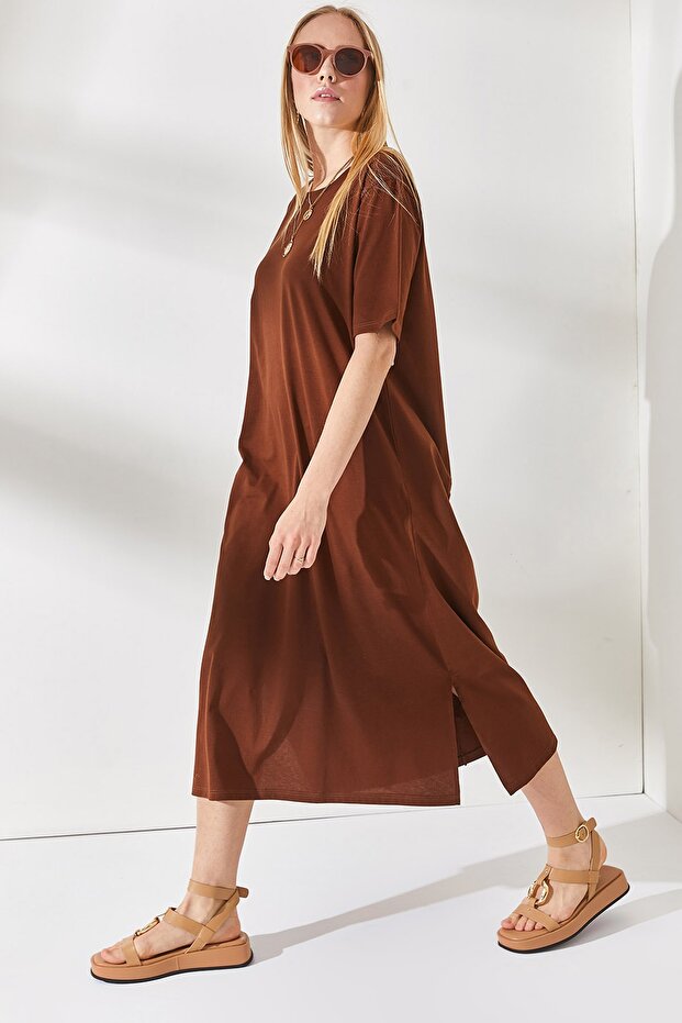 Women's Bitter Brown Side Slit Oversize Dress ELB-19001880