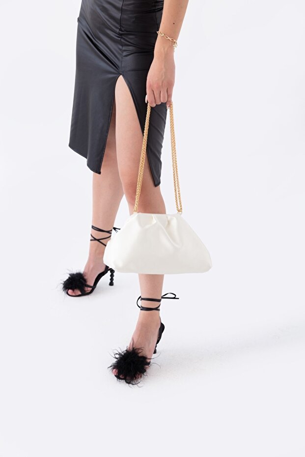 Cream Women's Satin Fabric Chain Shoulder Bag