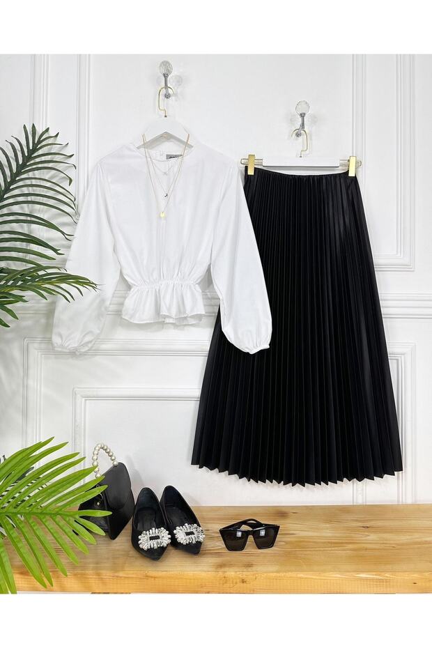 Ince Pliseli Deri Etek - 1