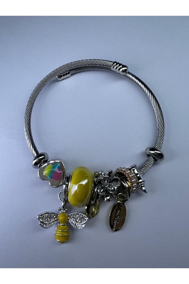 Silver Steel Bracelet with Yellow Butterfly Figure
