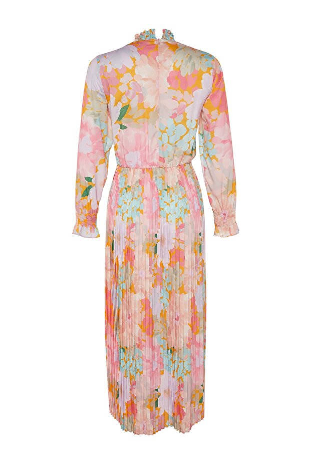 Różowa, wielokolorowa spódnica, plisowana, tkana sukienka w kwiaty TCTAW23EB00260 - 8