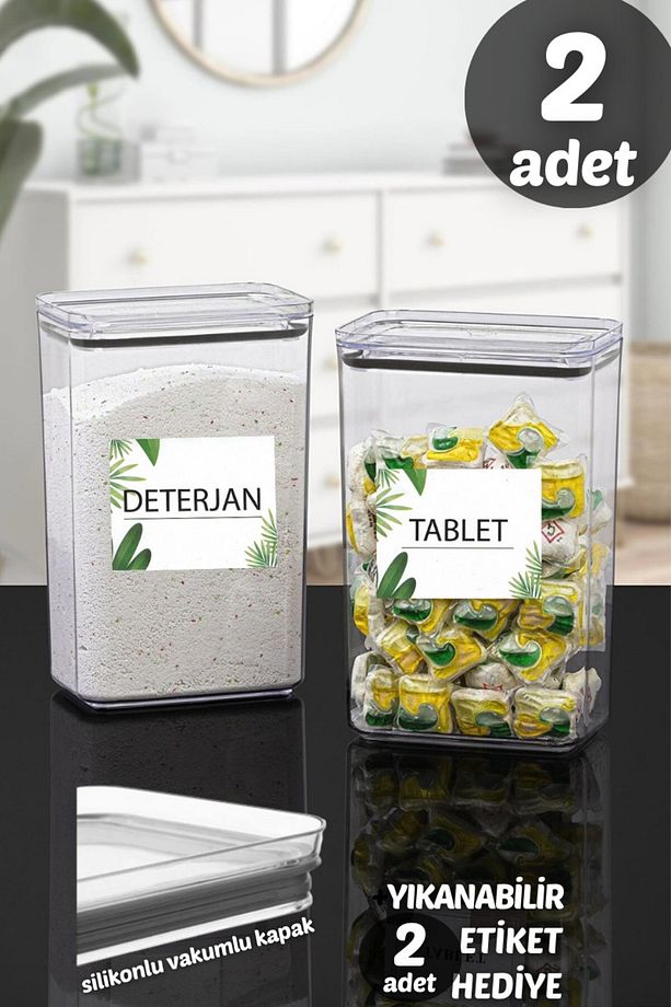 Banyo Saklama Kabı Dikdörtgen 2,9lt 2&#39;li Set Tablet/deterjan Kabı Kutusu Vakum Kapaklı Sert Mika - 5