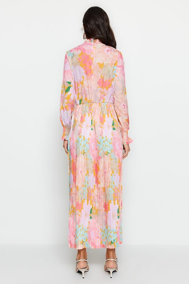 Różowa, wielokolorowa spódnica, plisowana, tkana sukienka w kwiaty TCTAW23EB00260 - 5