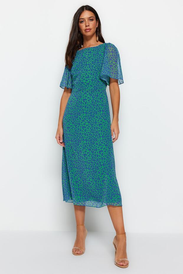 Zöld állatmintás A-vonalú angyalujj bélésű sifon repülő repülő szőtt midi ruha TWOSS23EL01372 - 5