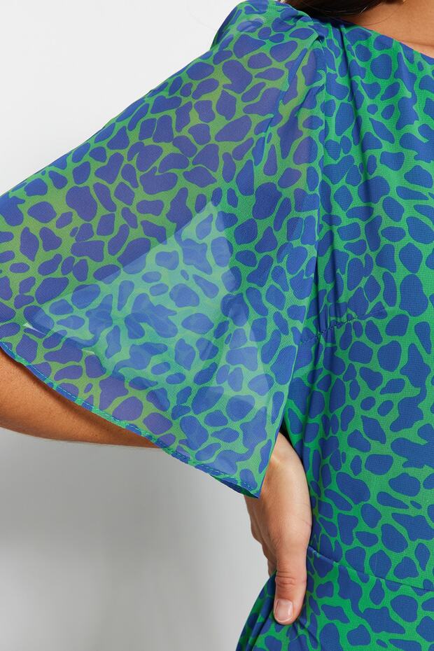 Zöld állatmintás A-vonalú angyalujj bélésű sifon repülő repülő szőtt midi ruha TWOSS23EL01372 - 8