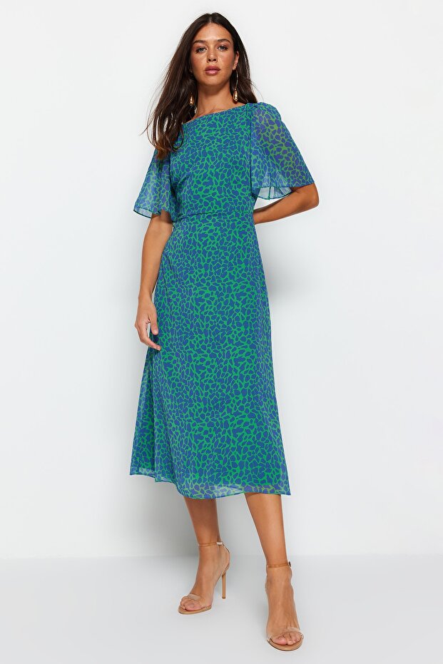 Zöld állatmintás A-vonalú angyalujj bélésű sifon repülő repülő szőtt midi ruha TWOSS23EL01372 - 9