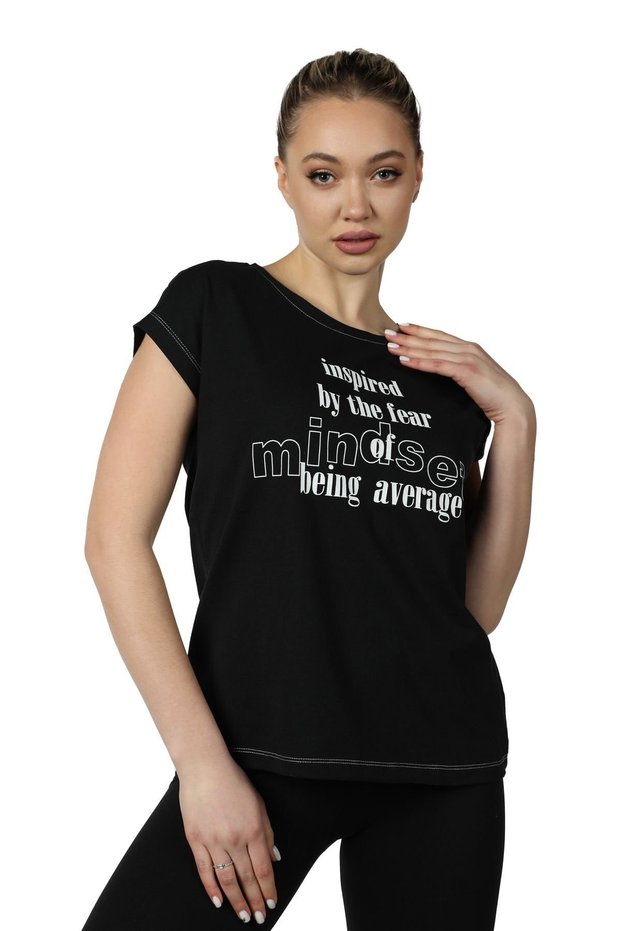 Women's Printed Short Sleeve Back Stitching Crew Neck T-shirt Black