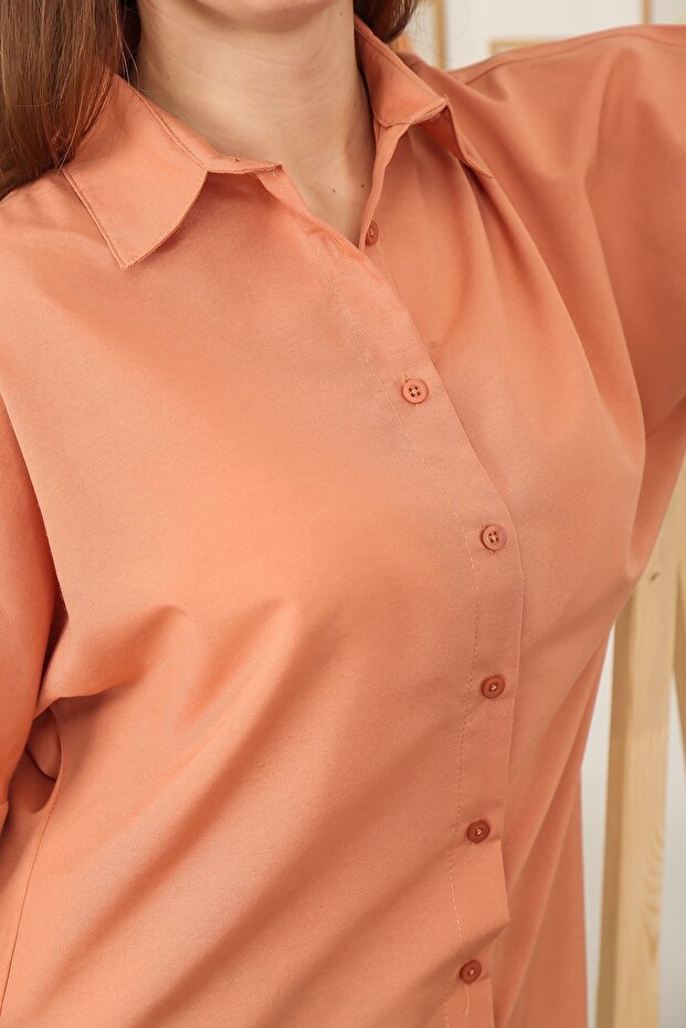 Kadın Somon Oversize Uzun Basic Gömlek - 6
