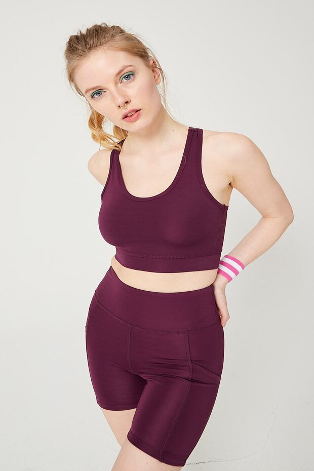 Mürdüm Moru Yüksek Bel Çift Cepli Toparlayıcı Spor Şort Ve Bra Set - 6