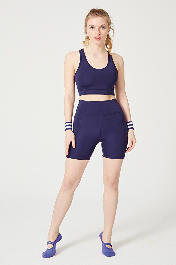 Navy Blue High Waist Double Pocket Recovery Sports Shorts and Bra Set