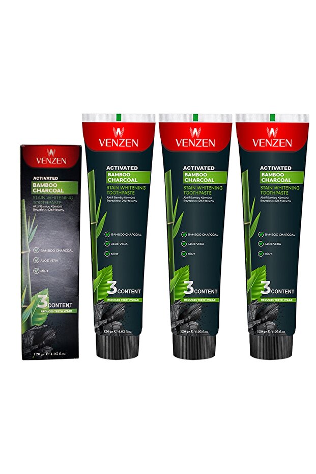 Large Size Real Natural Bamboo Charcoal Whitening Toothpaste 3Pcs X 120Gr (Pack of 3)