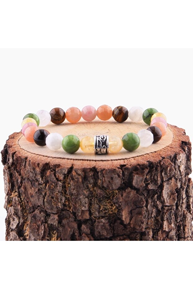 Transformed Citrine Jade Moon Stone Tiger Eye Sun Stone Pink Quartz 8 mm Bracelet