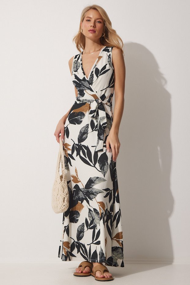 Women's Green Cream Floral Wrap Collar Summer Knitted Dress ZH00016