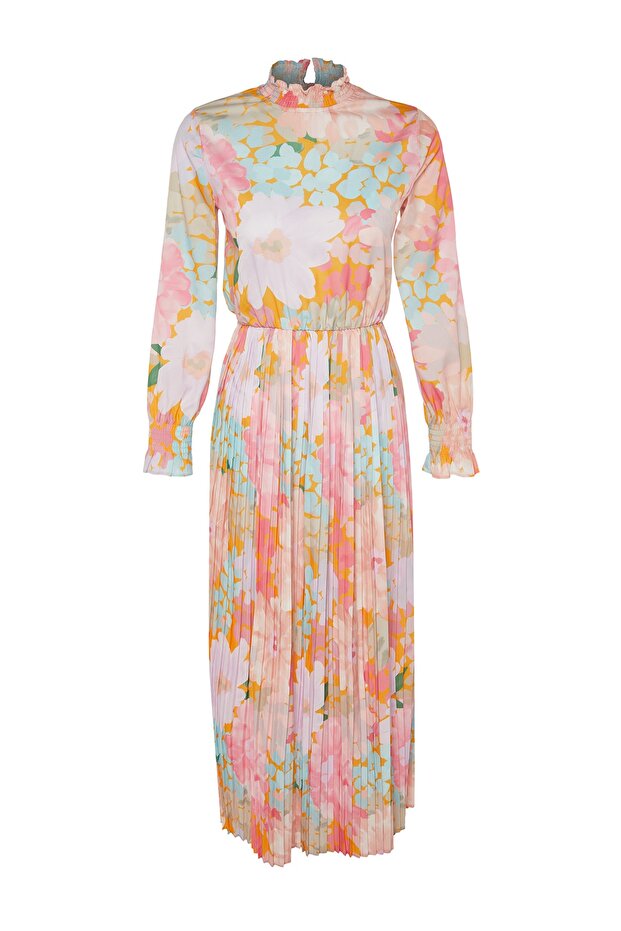 Różowa, wielokolorowa spódnica, plisowana, tkana sukienka w kwiaty TCTAW23EB00260 - 6