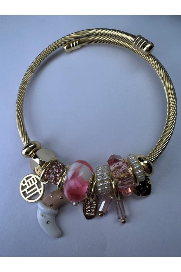 Model Gold Steel Bracelet with Pink Moon Figure
