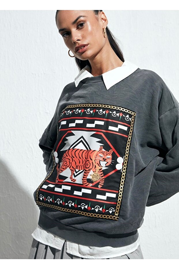 Baskı Detalı Antrasit Sweatshirt - 1