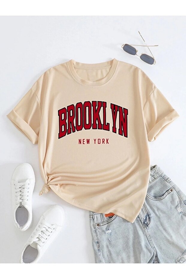 Red Brooklyn Printed Beige Oversize T-shirt