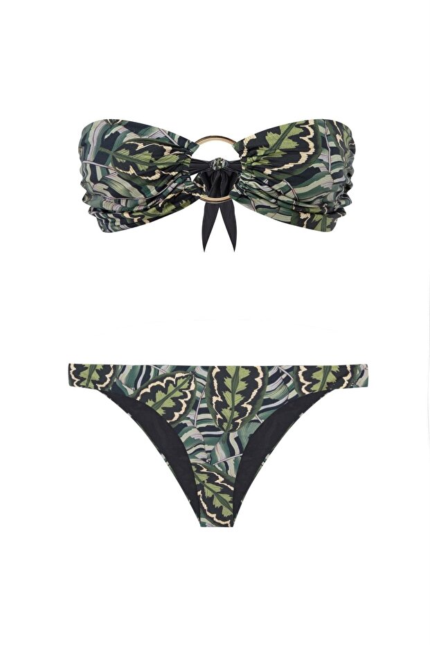 Green Patterned Strapless Bikini Set with Buckle - 5