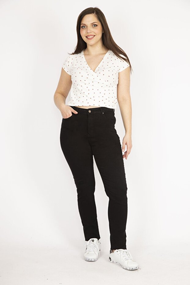 Women's Black Large Size Lycra 5 Pocket Jeans 65n36125