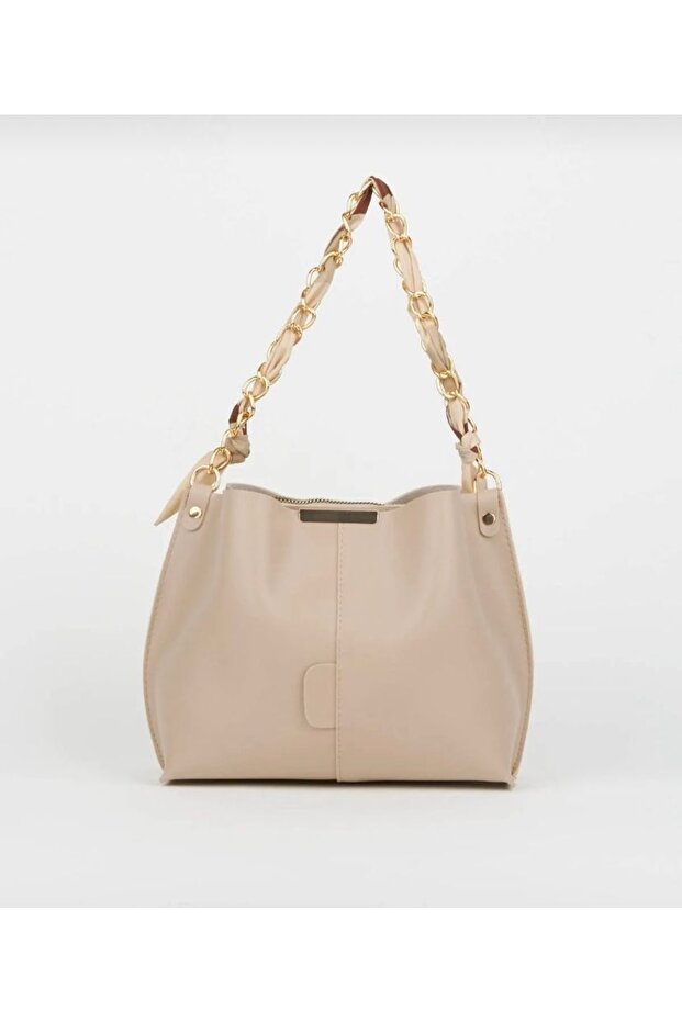 Women's Scarf and Chain Accessory Soft Leather 3 Compartment Handbag and Shoulder Bag