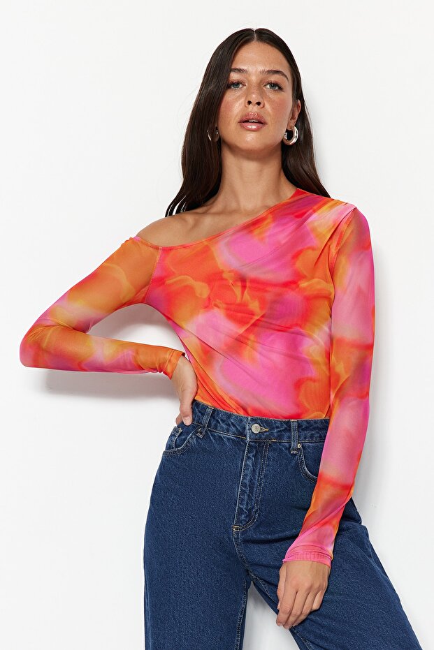 Pembe Desenli Tül Sırtı Transparan Fitted/Vücuda Oturan Esnek Çıtçıtlı Örme Body TWOSS23BD00024 - 2