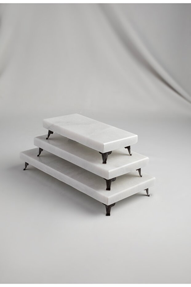 Presentation Copper Set of 3 Real Marble Cake Presentation, Metal Profile Leg