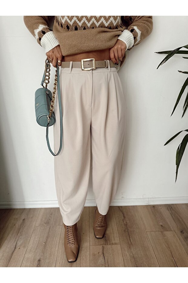 Crepe Fabric Baggy Cut Pleated Jogger Trousers - Beige