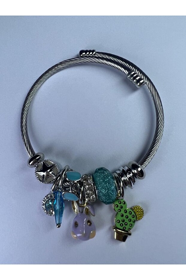 Model Silver Steel Bracelet with Lilac Rabbit Figure