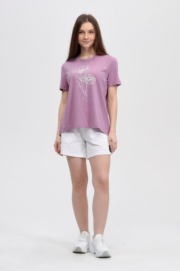 Women's Printed Short Sleeve Back Oval Crew Neck T-shirt Purple