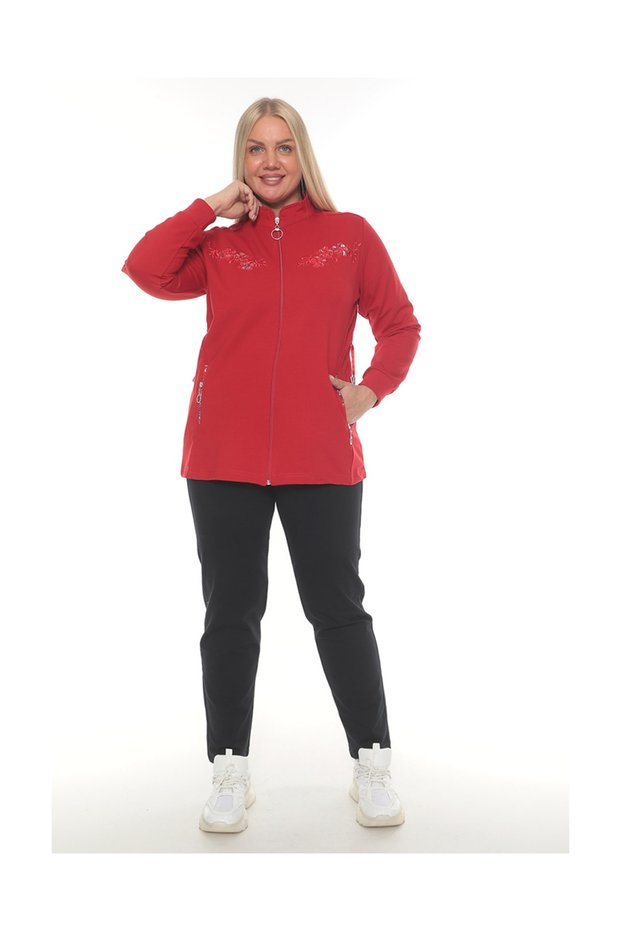 Stand Collar Embroidered Zippered Classic Leg 2-Piece Wnd Women's Large Size Tracksuit Set