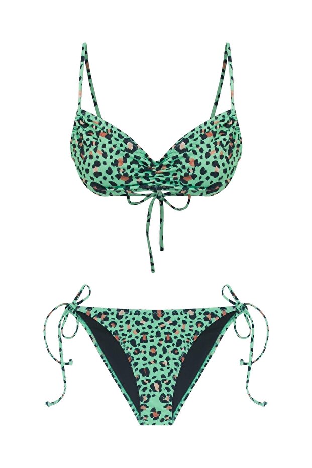 طقم بيكيني بوستير برباط منقوش بنقشة الفهد - 1