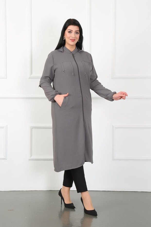 Women's Gray Ayrobin Fabric Metal Detail Large Size Cardigan