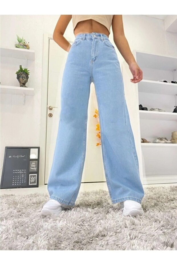 Morena Ice Blue Power Lycra Super High Waist Loose Jeans Palazzo Pantolonfrango