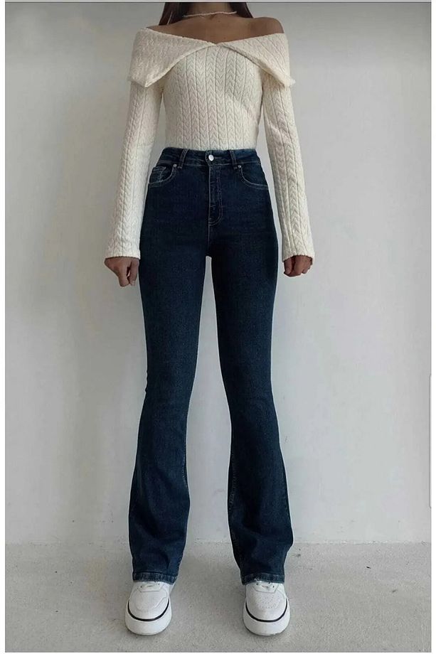Kadın Lacivert Süper Yüksek Bel Likralı Flare Ispanyol Kot Pantalon Jeansfrango - 1