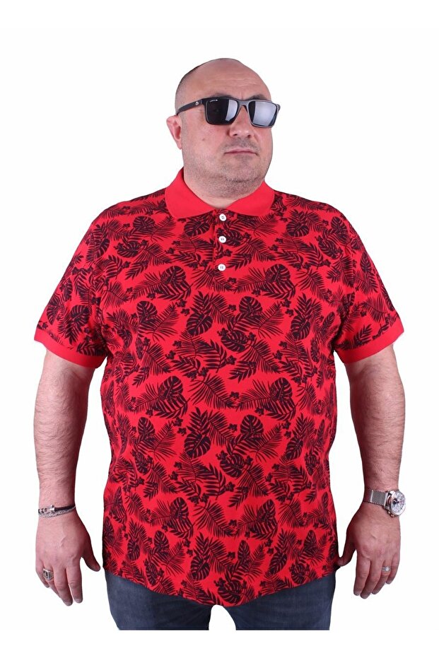 Large Size Polo Neck T-Shirt Hawaiian Pattern 23412 Red