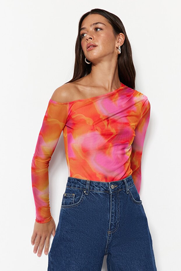 Pembe Desenli Tül Sırtı Transparan Fitted/Vücuda Oturan Esnek Çıtçıtlı Örme Body TWOSS23BD00024 - 3
