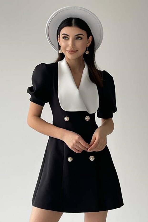 Atlas Fabric Wide Jacket Collar Short Sleeve Black Jacket Dress 154
