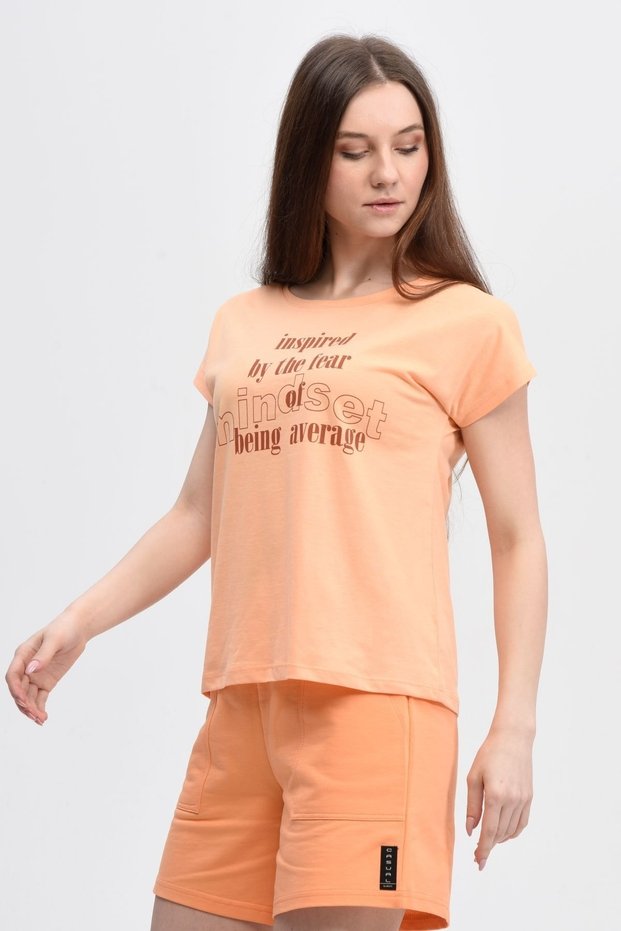 Women's Printed Short Sleeve Back Seam Crew Neck T-Shirt Salmon