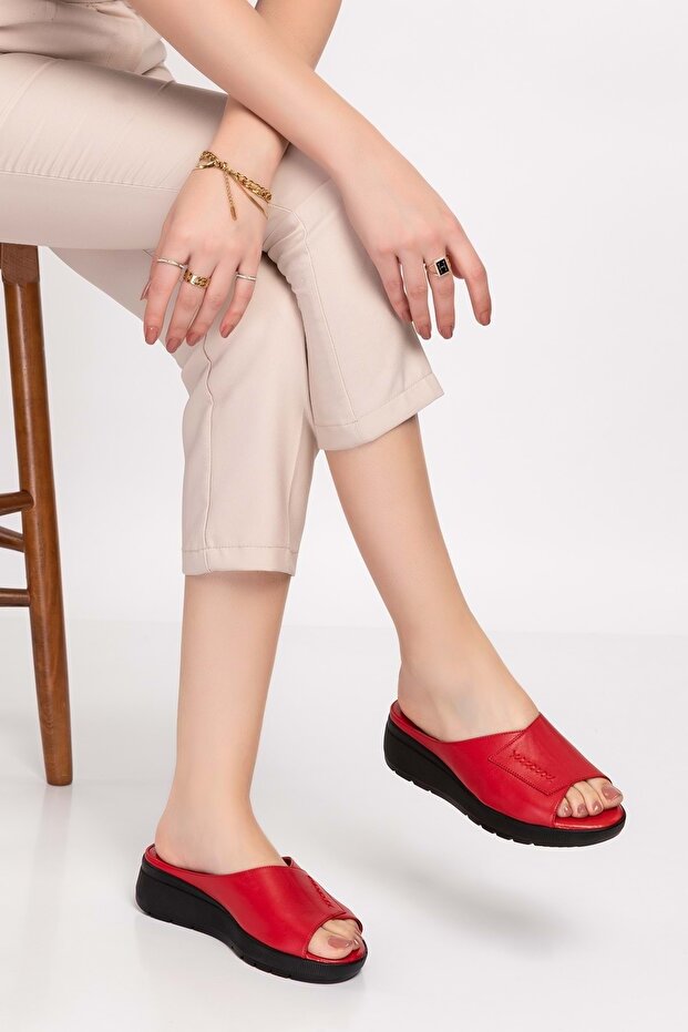 Genuine Leather Wedge Heel Slippers Özl.404 - Red - 40