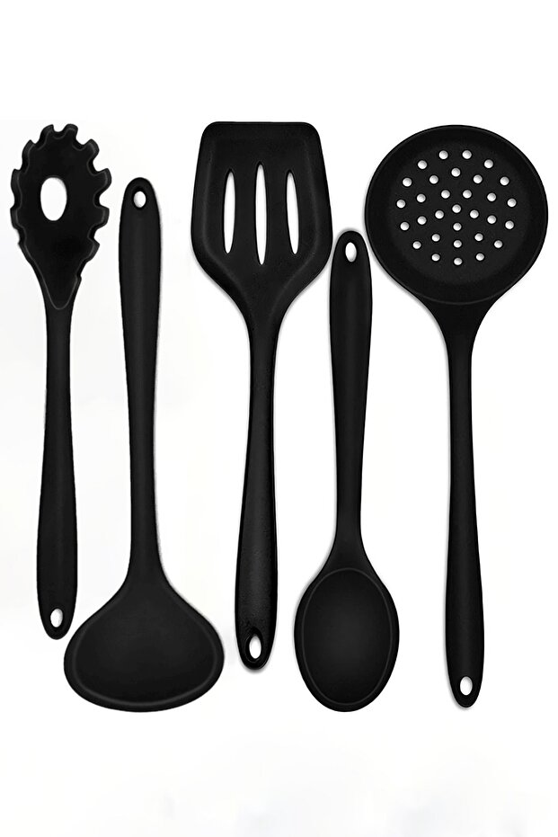 5 Piece Heat Resistant Non-Stick Silicone Serving Set Colander Ladle Spoon Pasta Spatula