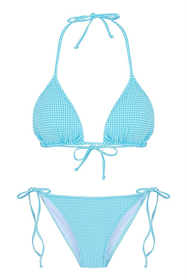 طقم بيكيني مثلث أزرق منقوش بنقشة القماش القطني - 1