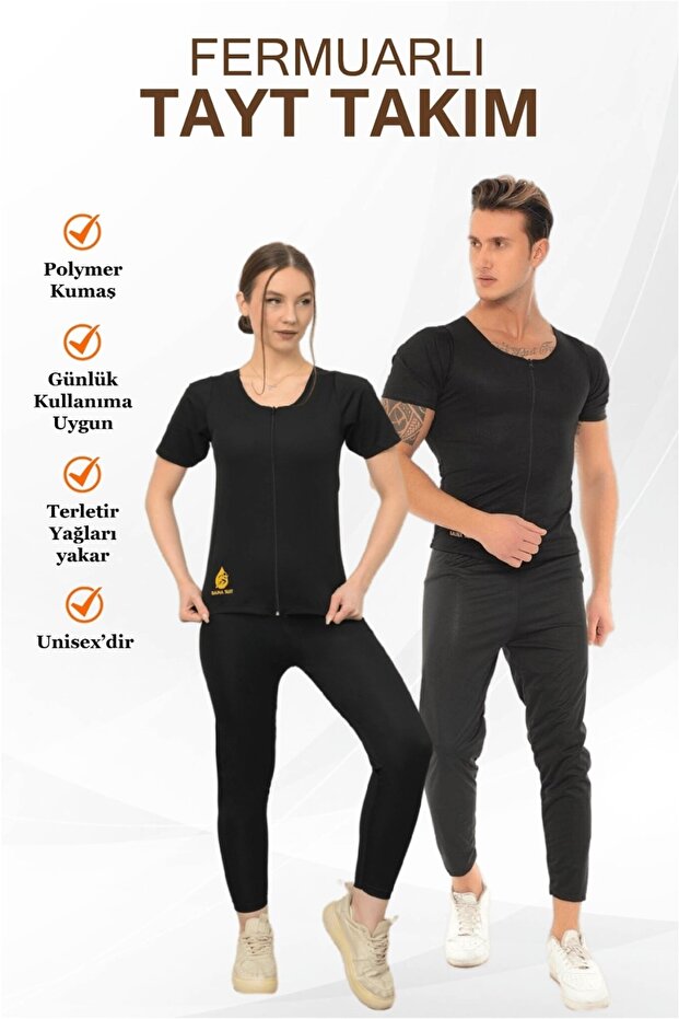 Unisex Slimming Slimming Sweating Sports Zippered Short Sleeve Suit Tights with Top and Bottom Set