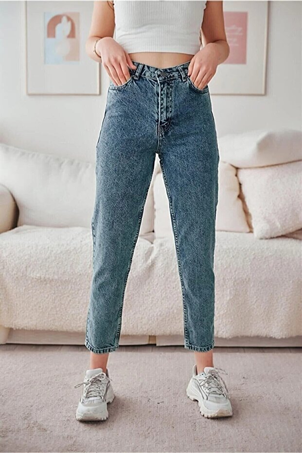 Ice Snow Blue Acid Washed High Waist Mom Jeansfrango