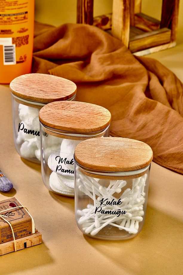 3'lü Ahsap Kapaklı Kulak Pamuğu & Pamuk & Makyaj Pamuğu Saklama Kutusu - Organizeri 400 Ml Akrilik - 2