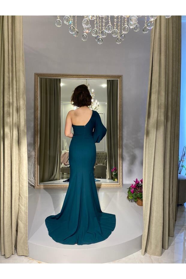 Yırtmaçlı Tek Kol Krep Elbise - 4