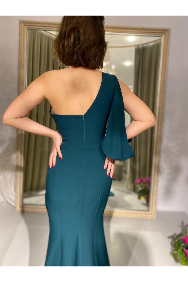 Yırtmaçlı Tek Kol Krep Elbise - 8