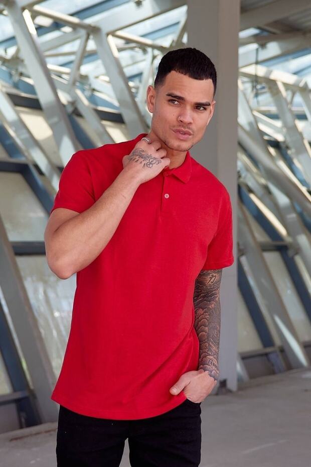 Red Sports Polo Neck Buttoned Cotton Casual Short Sleeve Regular Fit T-shirt